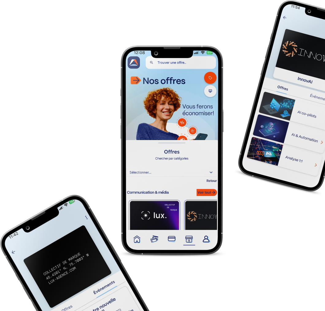 The adme app shown on several phones